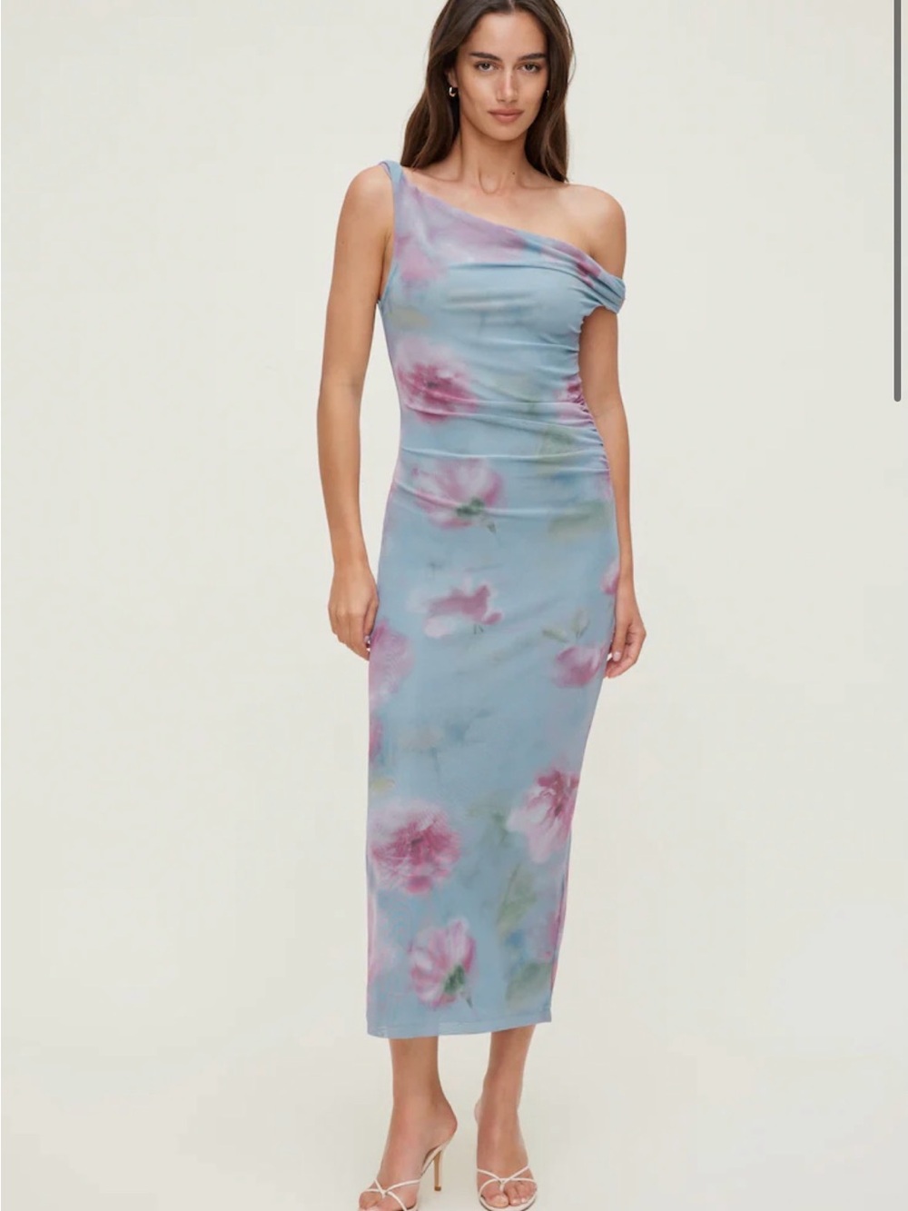 One-Shoulder Blue Floral Midi Dress